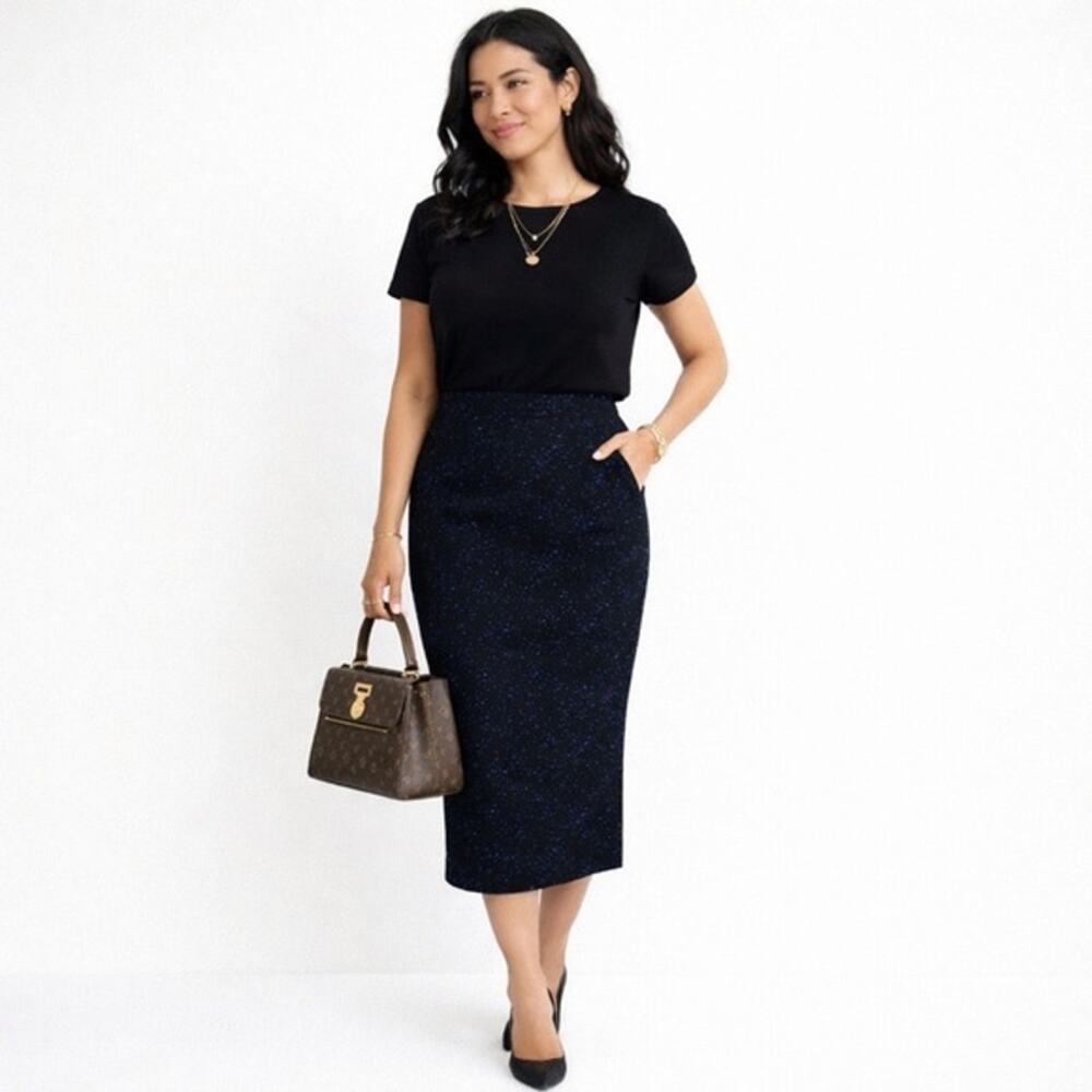 Proenza Schouler Women's Stretch Knit Midi Pencil Skirt Black w/ Blue Flecks XS